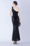 Metal One Shoulder Mermaid Sequin Formal Dress With Feather