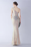 Metal One Shoulder Mermaid Sequin Formal Dress With Feather