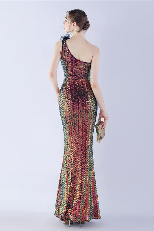 Metal One Shoulder Mermaid Sequin Formal Dress With Feather