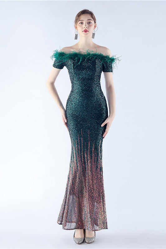 Dark Green Off the Shoulder Mermaid Sequin Formal Dress With Feather