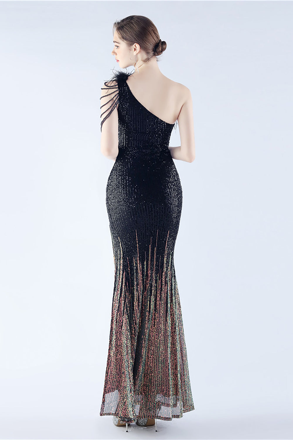 Glitter Black Beaded Bodycon Feather Slope-Neck One-Shoulder Evening Dress With Slit