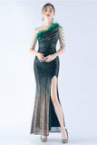 Glitter Black Beaded Bodycon Feather Slope-Neck One-Shoulder Evening Dress With Slit