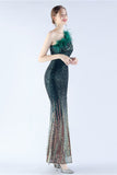 Glitter Black Beaded Bodycon Feather Slope-Neck One-Shoulder Evening Dress With Slit