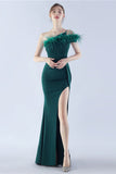 Burgundy One Shoulder Sheath Crepe Formal Dress with Feather