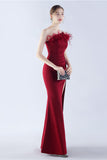 Burgundy One Shoulder Sheath Crepe Formal Dress with Feather