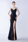 Glitter Mermaid Spaghetti Straps Beaded Symphony Black Formal Dress With Side Slit