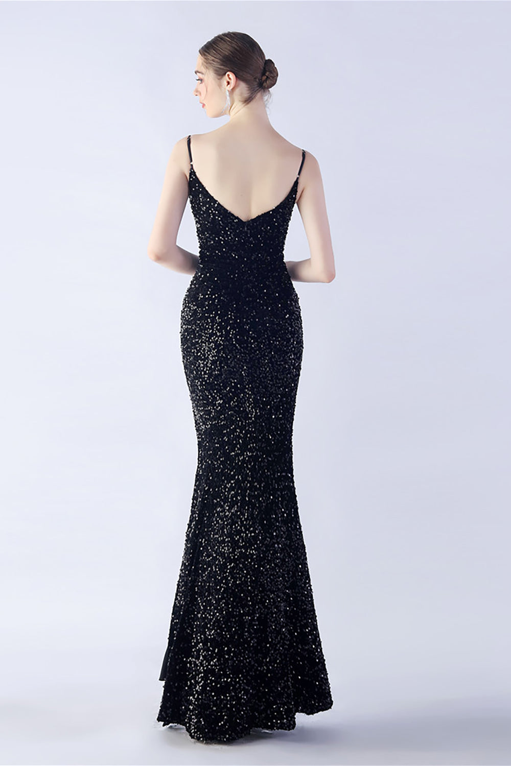 Glitter Mermaid Spaghetti Straps Beaded Symphony Black Formal Dress With Side Slit