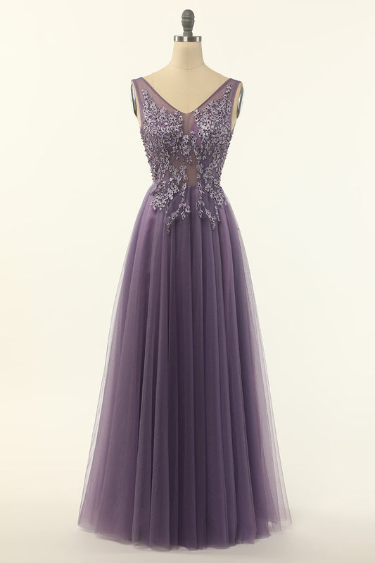 Tulle Purple A-line Prom Dress