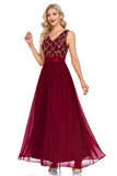 Burgundy V-Neck Beaded Mother of the Bride Dress