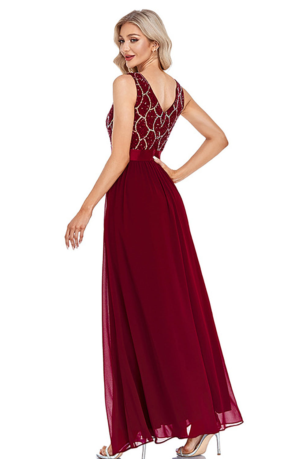 Burgundy V-Neck Beaded Mother of the Bride Dress