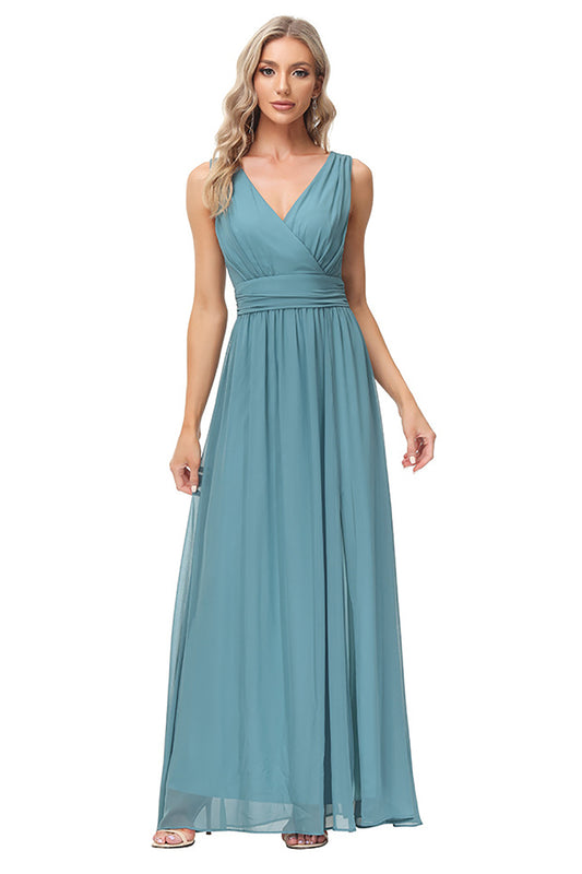 Lake Blue Long Chiffon Bridesmaid Dress