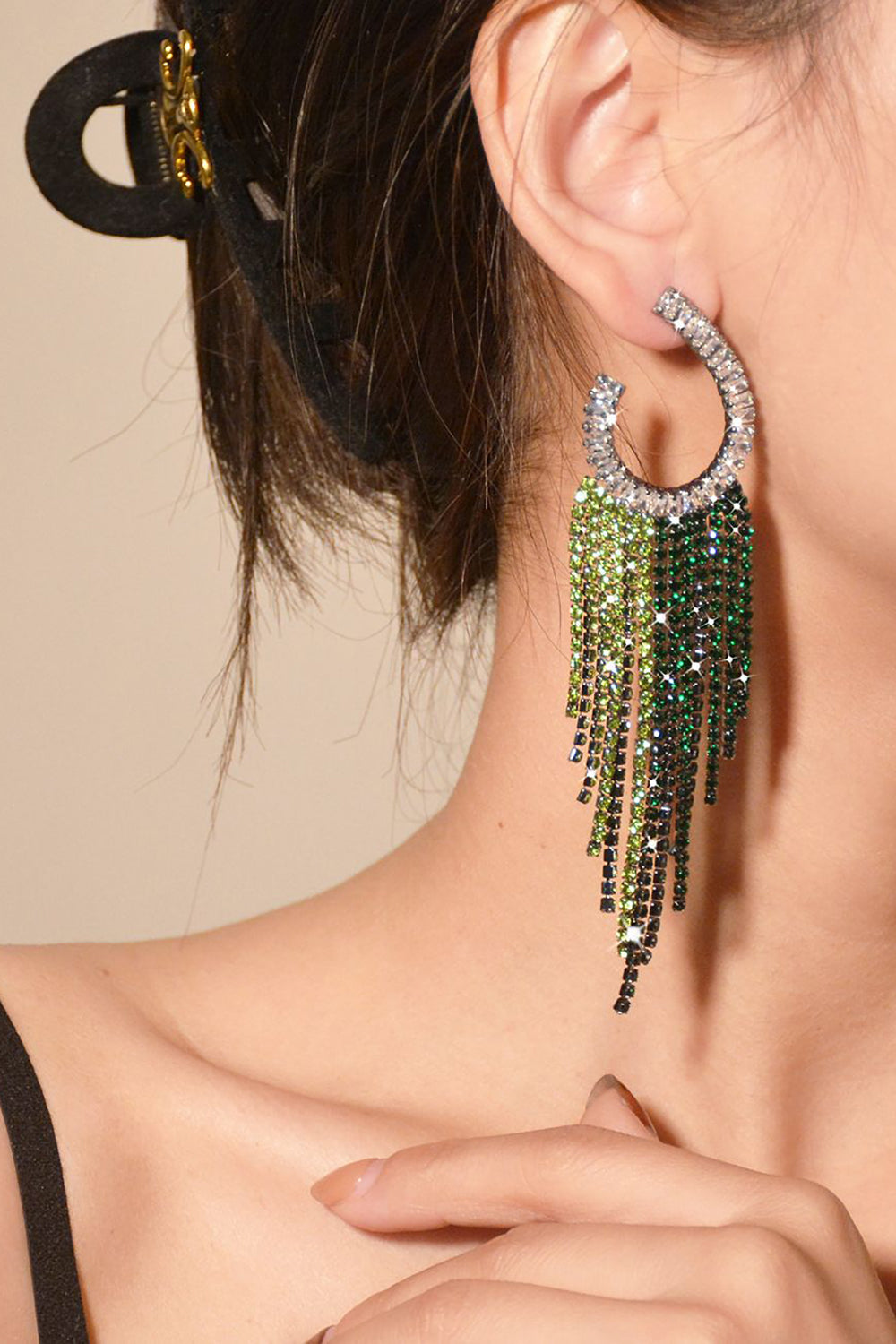 Rhinestones Green Tassel Earrings