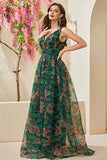 A-Line Green Printed V-Neck Long Prom Dress