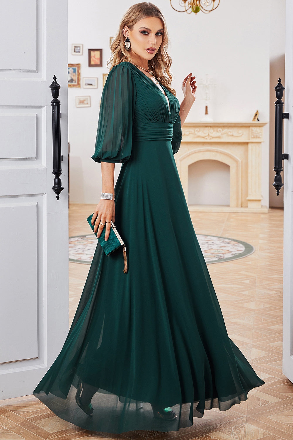 A-Line Dark Green V-Neck Chiffon Long Prom Dress