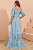 Blue A Line Prom Dress with Puff Sleeves