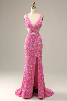 Straps Fuchsia Sequins Prom Dress