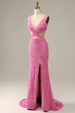 Straps Fuchsia Sequins Prom Dress