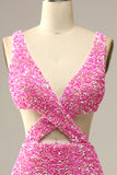 Straps Fuchsia Sequins Prom Dress