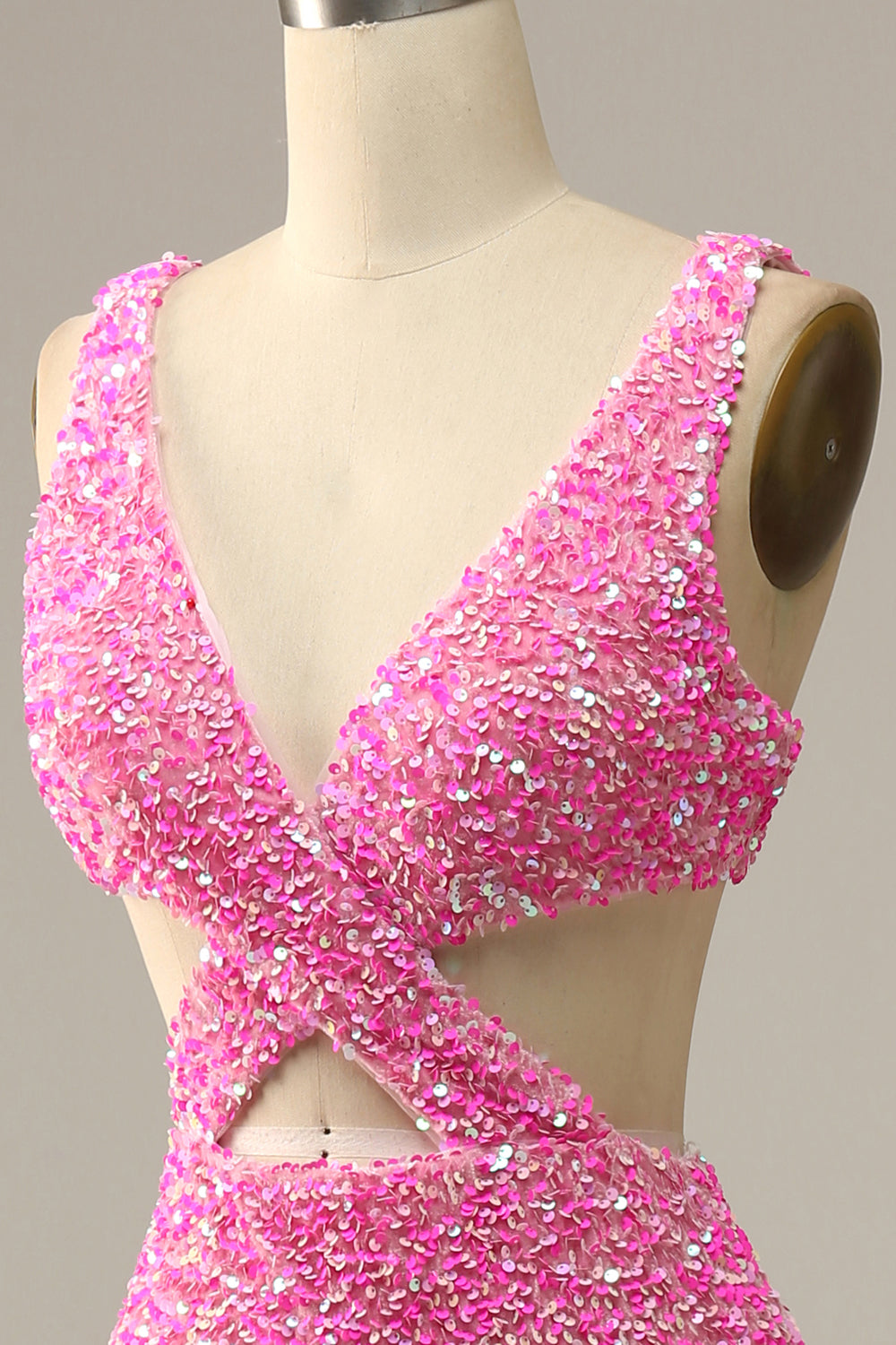 Straps Fuchsia Sequins Prom Dress