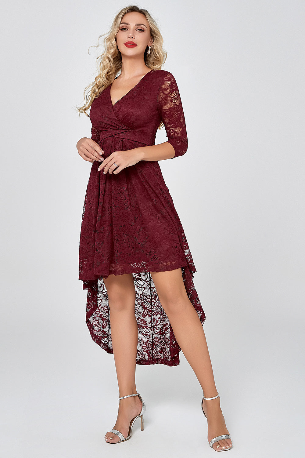 Burgundy High Low Lace Bridesmaid Dress with Sleeves