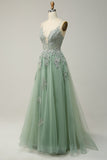 Grey Blue Spaghetti Straps Appliques Tulle Prom Dress