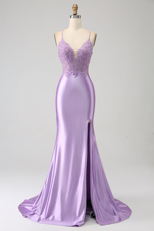 Stylish Mermaid Spaghetti Straps Lilac Long Prom Dress with Appliques Slit