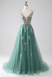 Green A-Line Spaghetti Straps Long Prom Dress With Sparkly Sequin Appliques