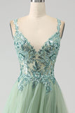 Gorgeous A Line V Neck Light Green Long Prom Dress with Appliques