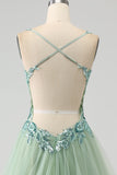 Gorgeous A Line V Neck Light Green Long Prom Dress with Appliques