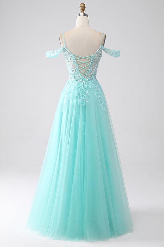 Light Green Cold Shoulder Sequins Prom Dress