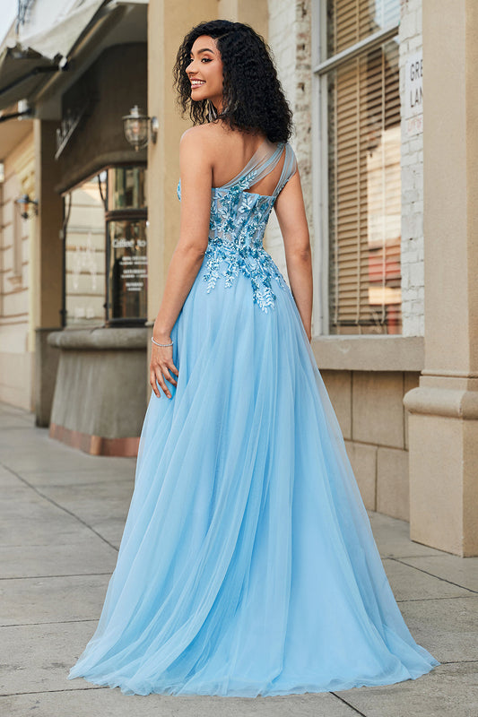 Gorgeous A Line One Shoulder Light Blue Corset Prom Dress with Appliques