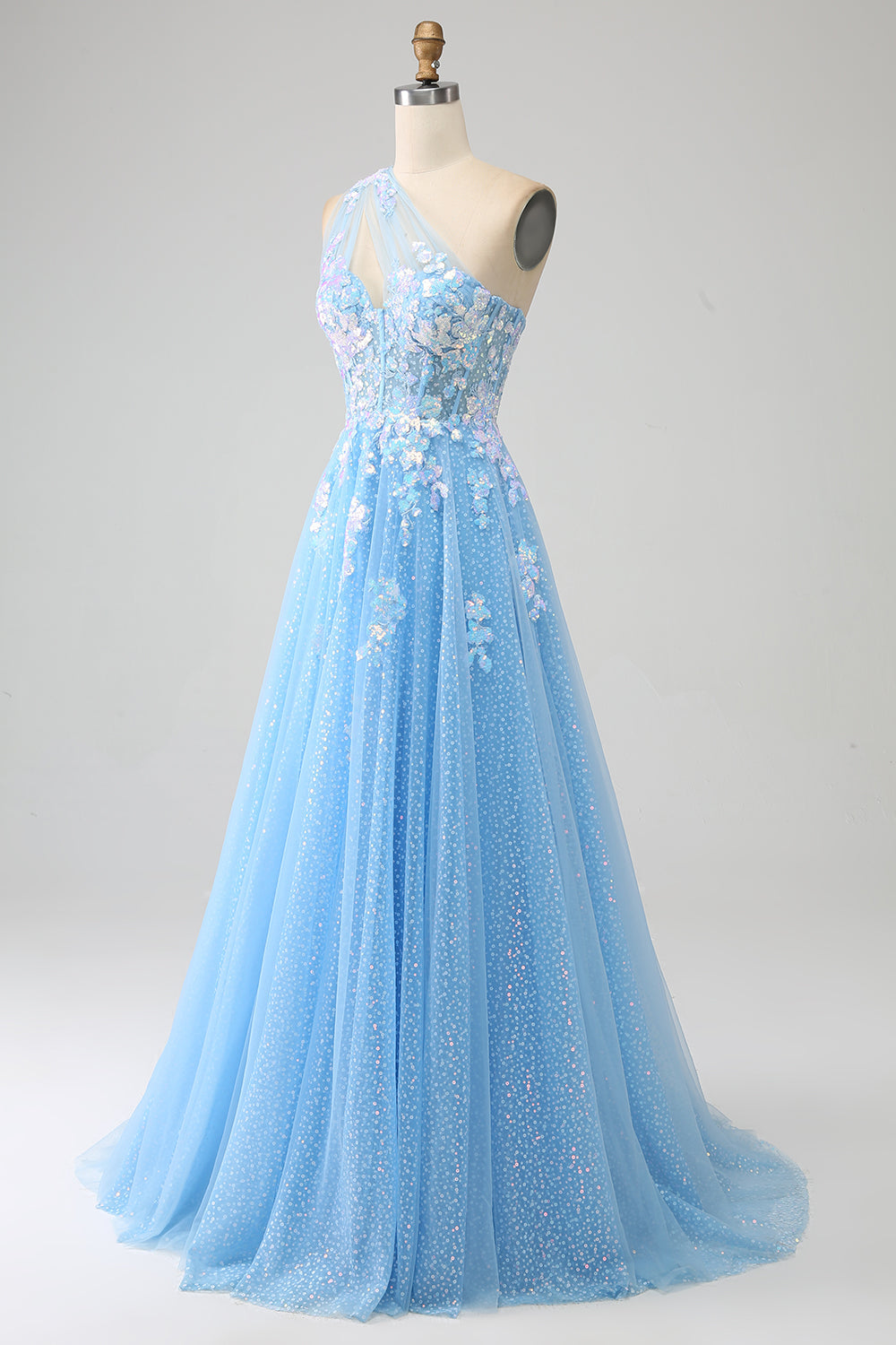 Stunning A Line One Shoulder Light Blue Long Tulle Prom Dress with Appliques