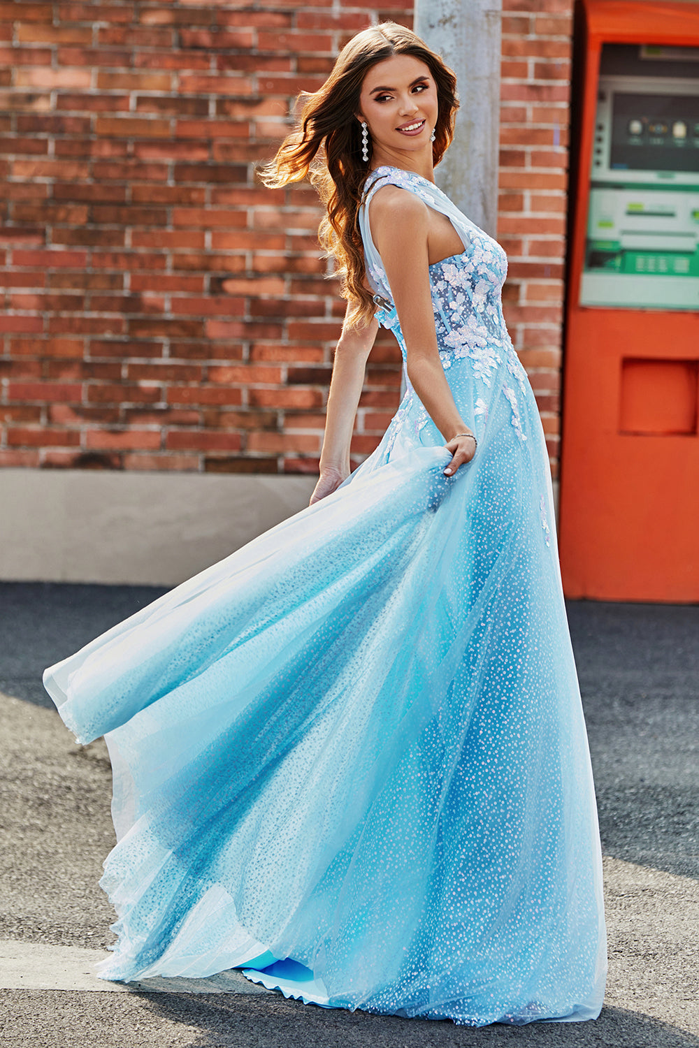 Light Blue A Line One Shoulder Long Tulle Prom Dress With Appliques