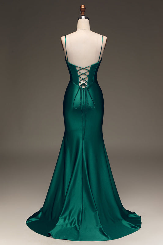 Satin Mermaid Lace-Up Back Dark Green Prom Dress with Corset