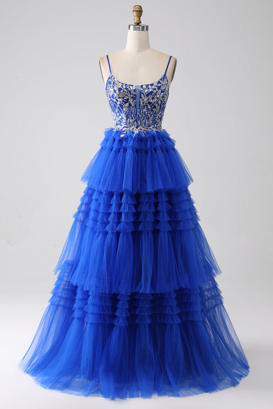 Royal Blue Tiered Prom Dress with Sequins