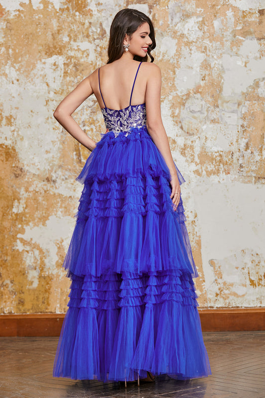 Gorgeous A Line Spaghetti Straps Royal Blue Long Prom Dress with Ruffles Appliques