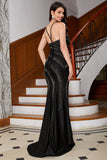 Sparkly Mermaid Spaghetti Straps Black Long Prom Dress with Beading Split Front