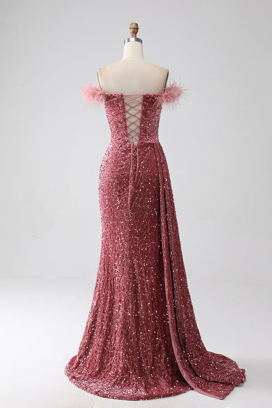 Mermaid Off the Shoulder Blush Sequins Prom Dress with Slit