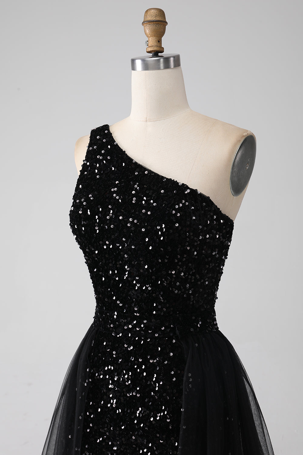 A-Line Black One Shoulder Sequins Prom Dress