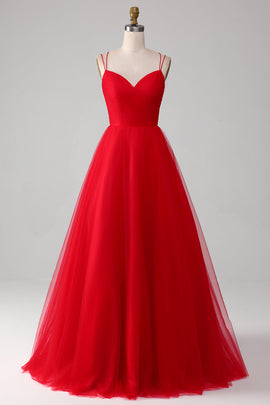 Spaghetti Straps A-Line Red Long Prom Dress wth Cross Criss Back