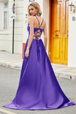 Royal Blue A Line Spaghetti Straps Long Backless Prom Dress with Appliques