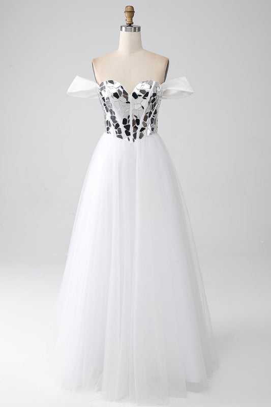 White A-Line Off the Shoulder Long Corset Prom Dress