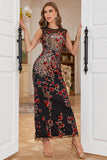 Sheath Round Neck Black Red Love Heart Beaded Long Party Dress