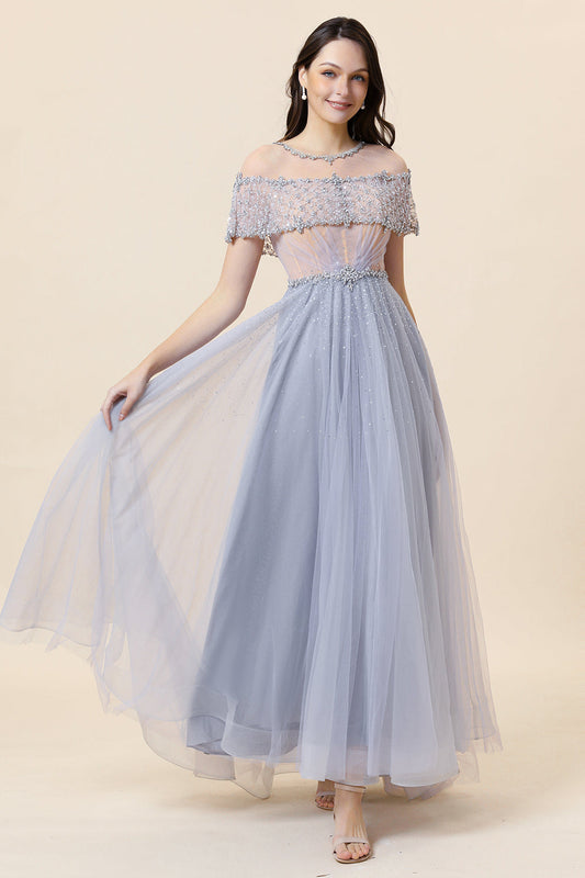 Sparkly Grey Beaded Long Tulle Prom Dress