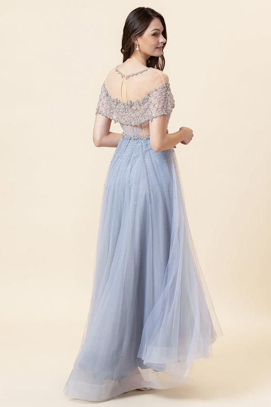 Sparkly Grey Beaded Long Tulle Prom Dress