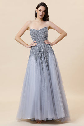 Sparkly Grey Beaded Tulle Sweetheart Long Prom Dress