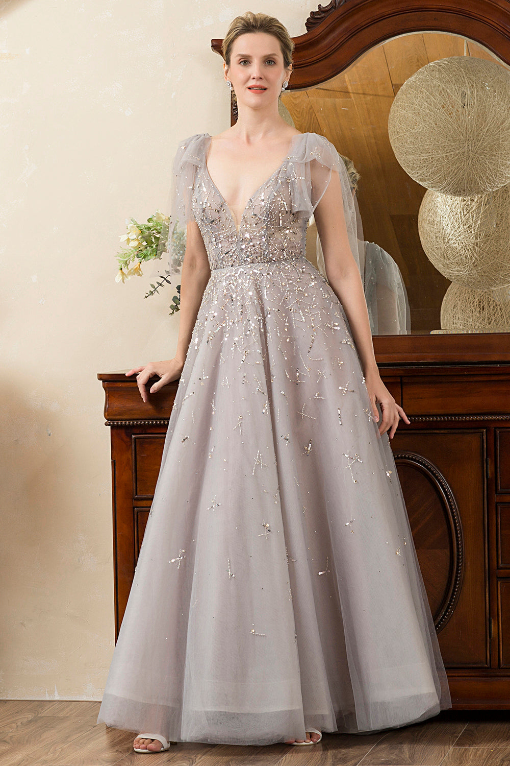 Grey A Line Beading Glitter Mother of Bride Dress