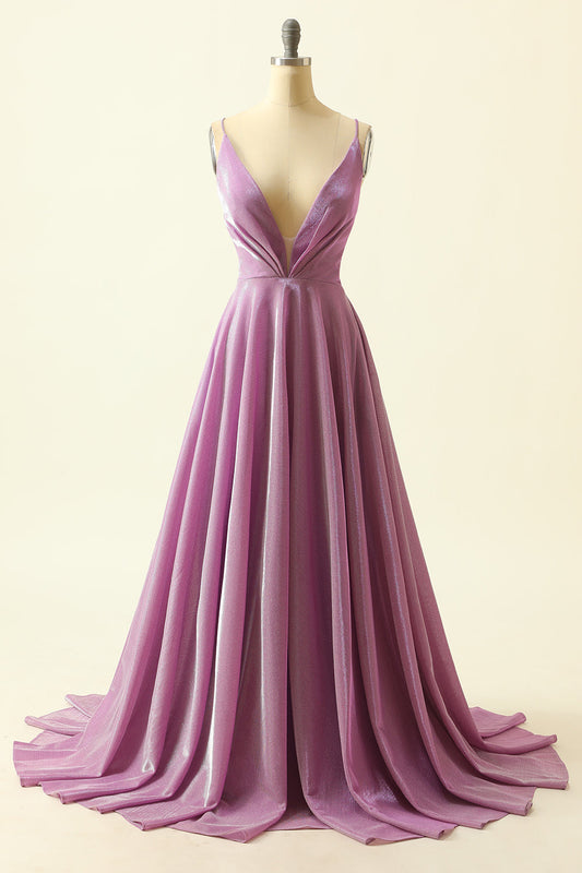 Purple V-neck Sparkly Prom Dress