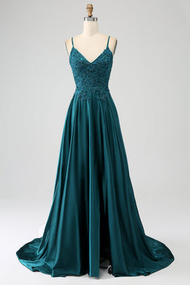 Peacock Green A-Line Spaghetti Straps Long Prom Dress with Slit