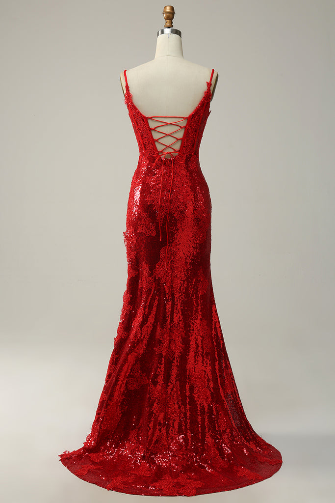 Zapakasa Women Red Spaghetti Straps Appliques Sheath Prom Dress with Slit